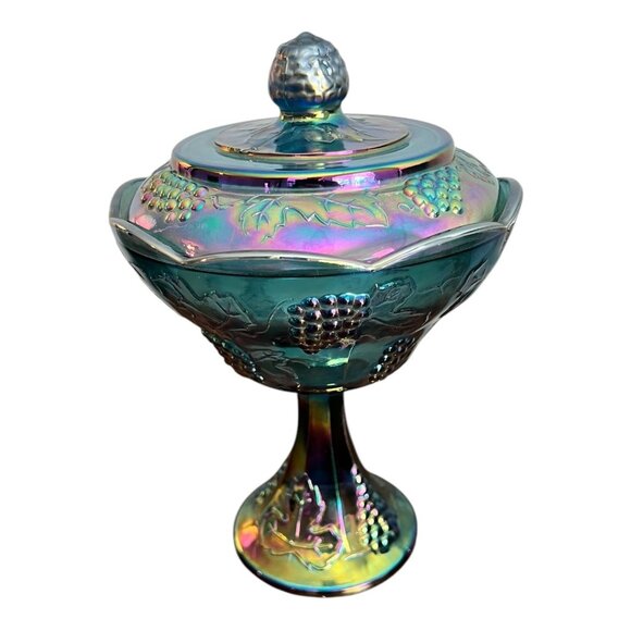 Vtg Indiana Glass Blue Iridescent Carnival Glass Pedestal Compote Candy Dish - Picture 4 of 11